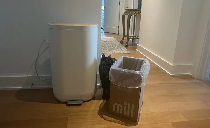 The Mill food recycling bin keeps your kitchen scraps from going to a landfill by feeding them to chickens instead