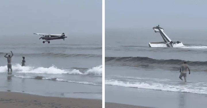 Dramatic footage shows aircraft hitting the water and flipping over at Hampton Beach as stunned beachgoers look on