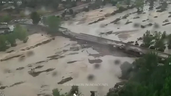 Spain: Aerial footage captures partially collapsed bridge after torrential downpour