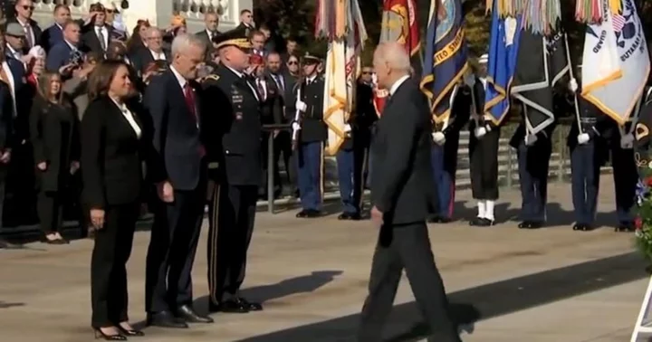 Kamala Harris shredded for appearing to 'grin' as Joe Biden loses his way again at Arlington ceremony