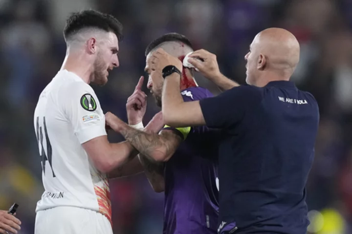 Fiorentina captain Biraghi left bleeding from head by objects thrown by West Ham fans during final