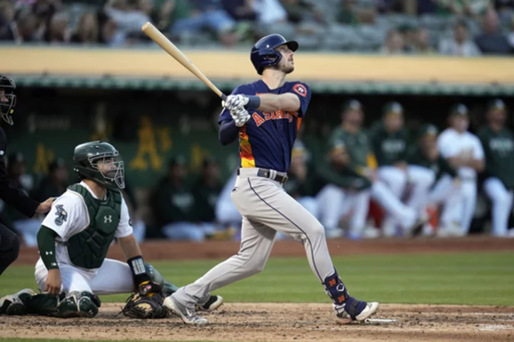 Kyle Tucker hits 3 HRs and drives in 4 runs as the Astros beat the Athletics 6-4