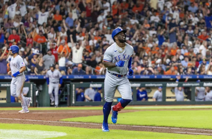 Astros, Rangers benches clear after Adolis Garcia grand slam