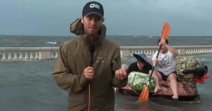 Florida man rowing inflatable duck interrupts live reporting during Hurricane Idalia on August 30